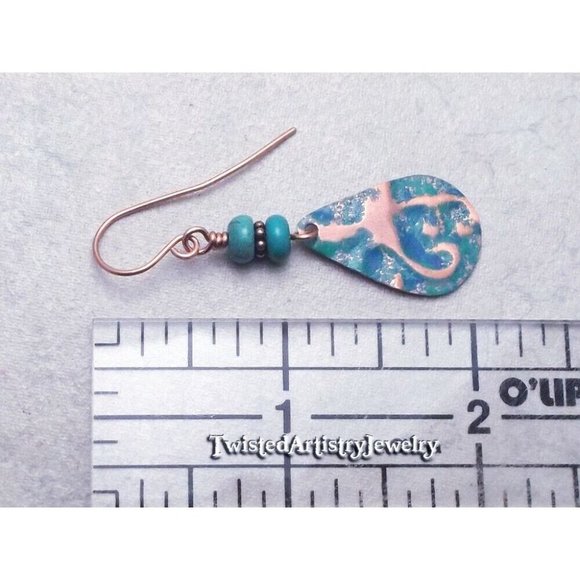 Turquoise and Enameled Copper Teardrop Earrings One-Of-A-Kind Handmade - Picture 3 of 3